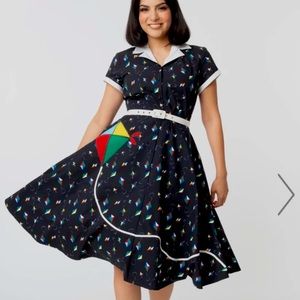 NWT Unique Vintage Black & Multicolor Kite Print Alexis Swing Dress 1X 16